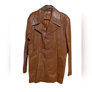 Californian Leather Jacket Brown Button Front Coat‎ Vintage Style 44 XL
